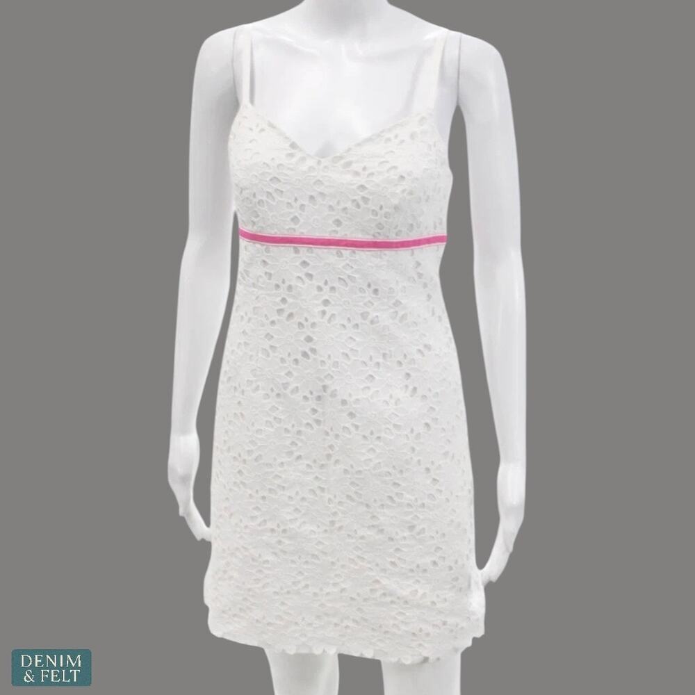 Lilly Pulitzer White Eyelet‎ Lace Mini Dress Pink Trim Floral Lined Size 2